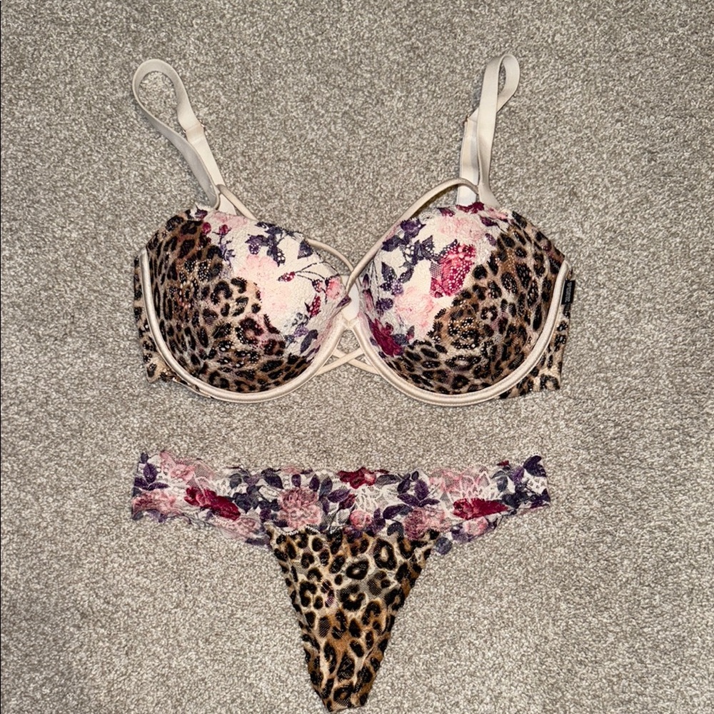 PINK Leopard Print Floral Lingerie Set size 34dd & panties XS